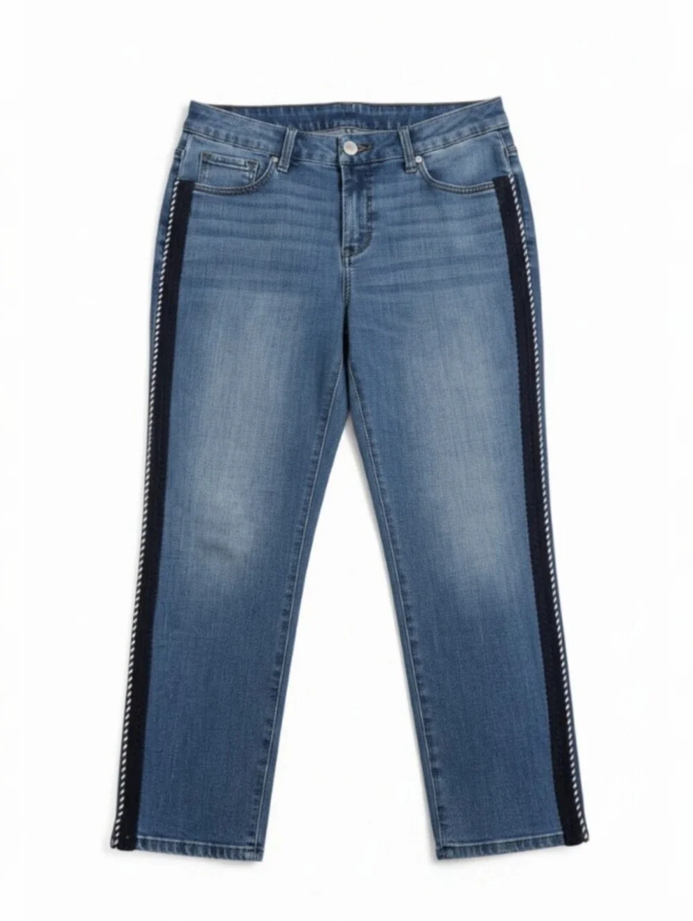 Chico's So Slimming Girlfriend Slim Leg Crop Jeans with Tuxedo Stripe Size 4
